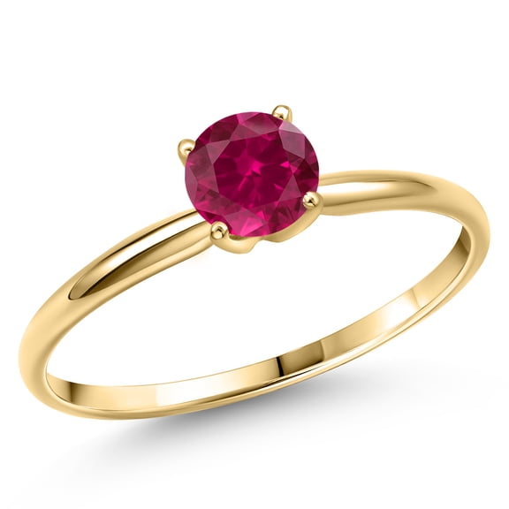 Gem Stone King 14K Yellow Gold Red Created Ruby Engagement Ring for Women | 1.00 Cttw | Round 6MM | Gemstone July Birthstone | Size 5