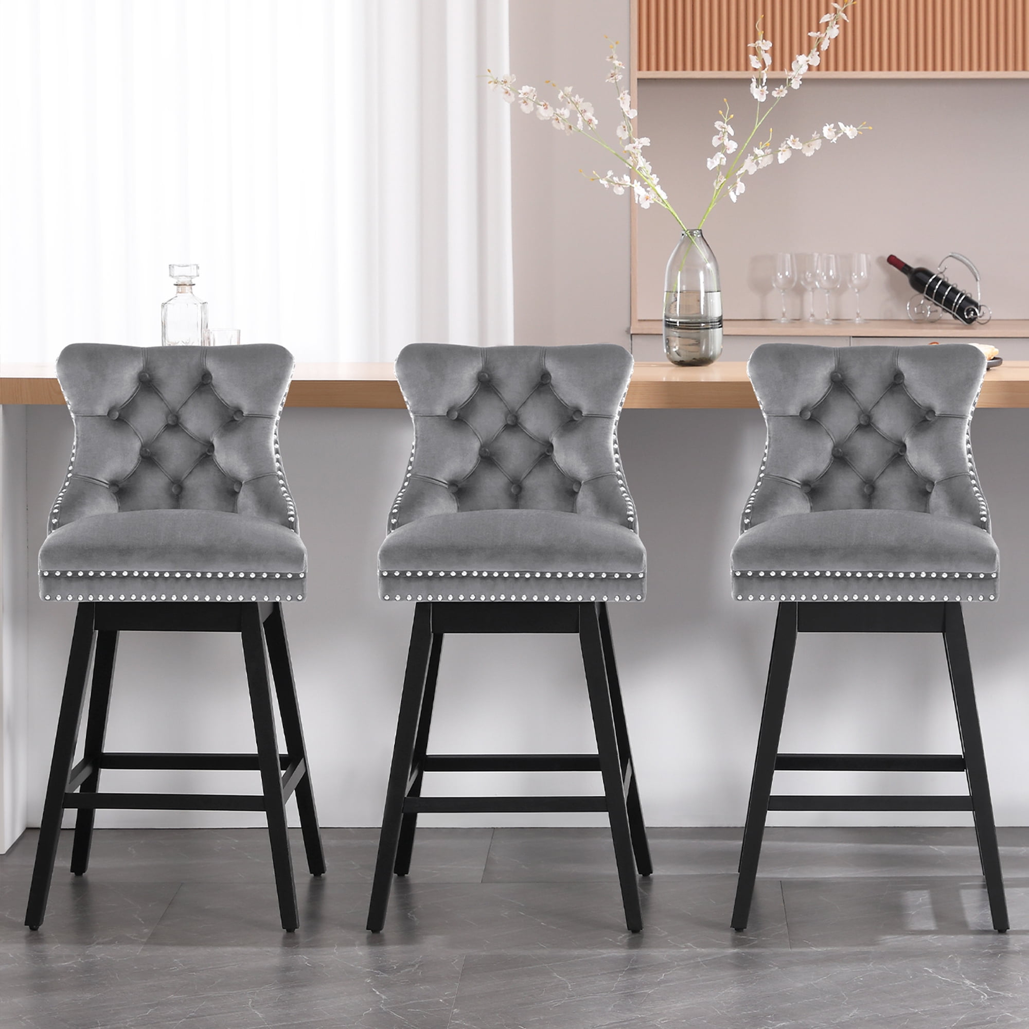 Tewloss 26" Swivel Bar Stools Set of 6 Velvet Counter Height Chairs for Home Kitchen Dining, Gray