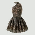 thumbnail image 4 of Girls Leopard Print Asymmetric Halter Dress, Kids Sleeveless Off Shoulder Ruched Waist Tiered Mini Skater Dress, Summer Fashion Party Casual Outfit(Brown,10-11 Years), 4 of 9