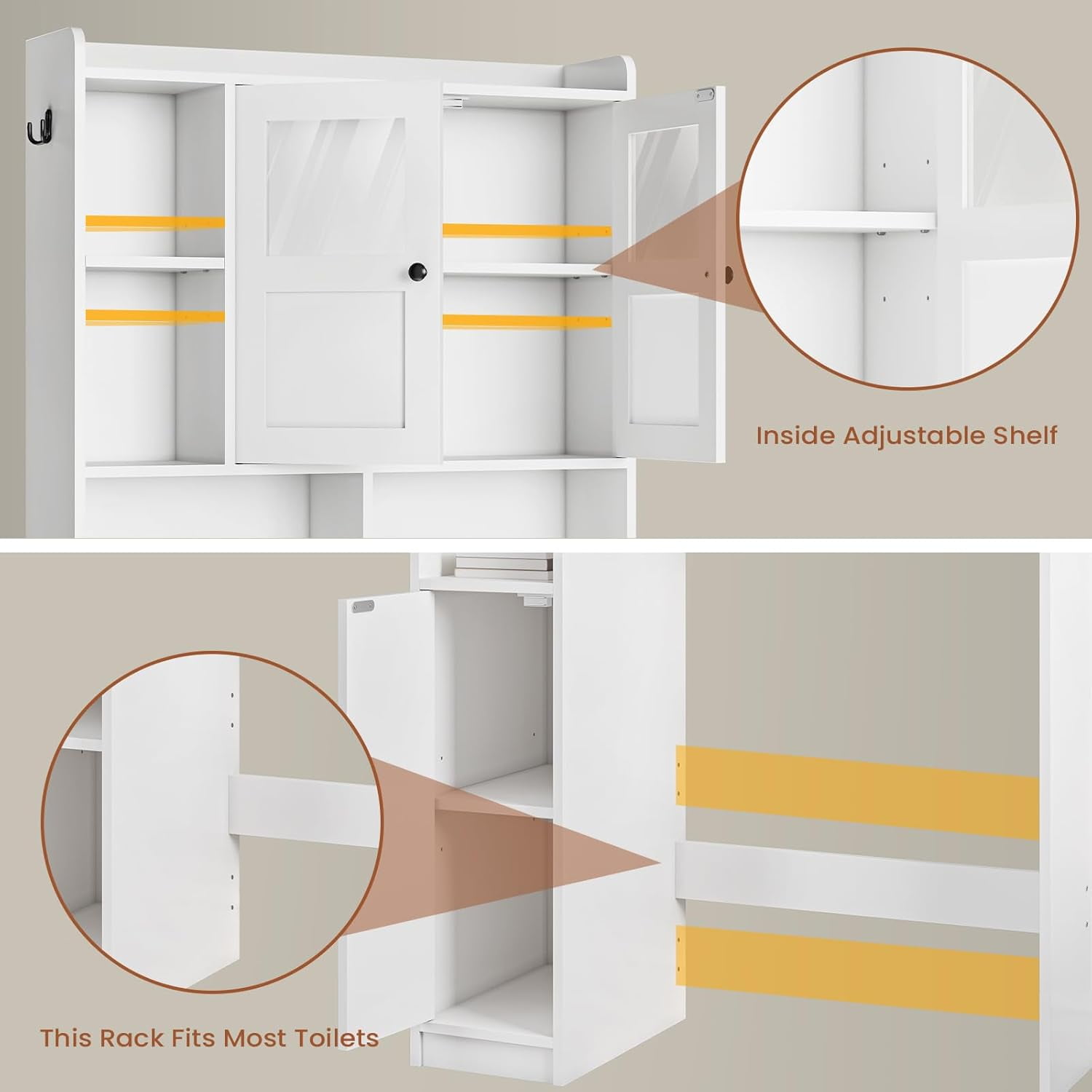 Over The Toilet Storage Cabinet with 3 Doors, Farmhouse Space Saver for Bathroom Organizer with Paper Holder, 10 Shelves and Hooks, 7-Tier Over Washing Machine Cabinet for Laundry, Bathroom, White