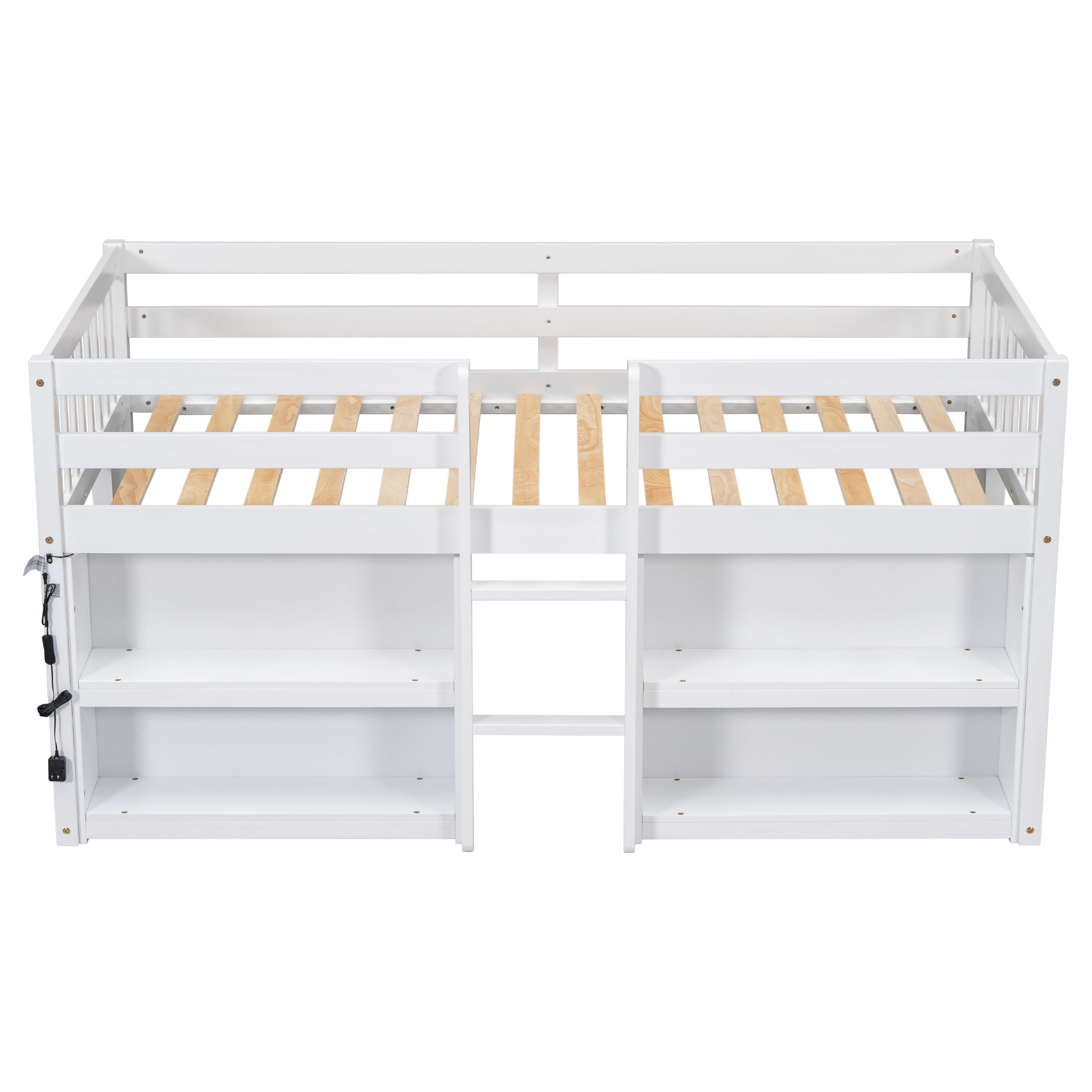 Twin Size Low Loft Bed with Two-Tier Shelves, Wooden House Loft Bed with Storage for Books & Toys, Space Saving for All Ages, Multi-Functional, White