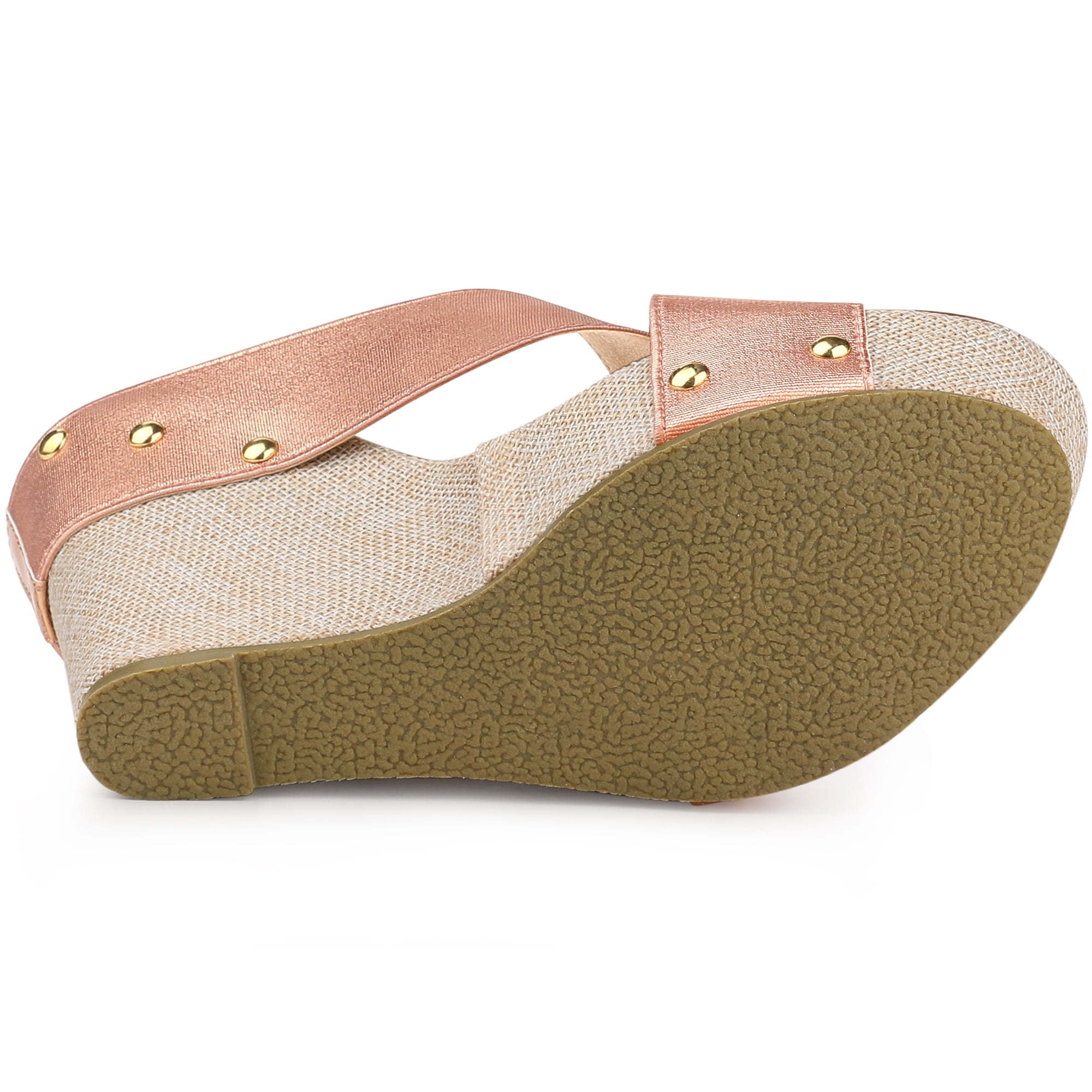 DARING DIVA Women's Stylish Open Toe Linen Platform Slide Wedge Sandals Rose Gold 7