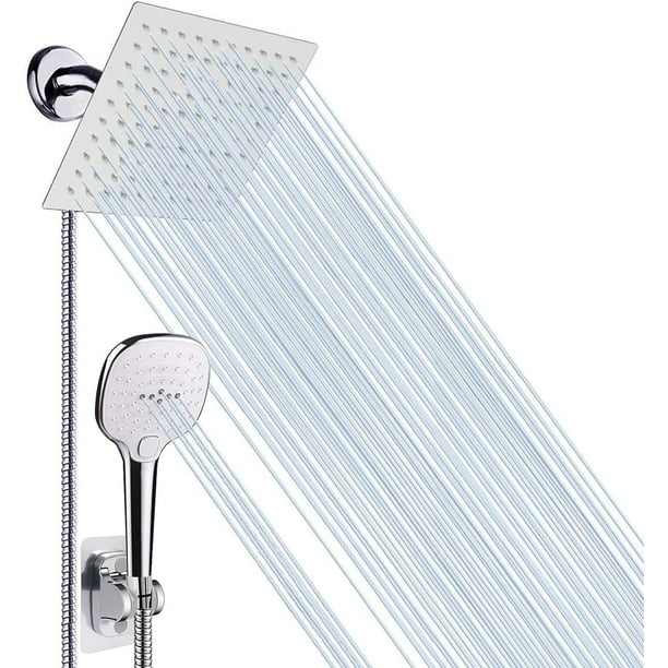 Regadera de lluvia acero inoxidable regadera de mano con 3 ajustes manguera control de flujo por botón 8 pulgadas acabado cromado