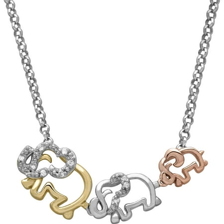 Petite Expressions Diamond Accent Tri-Color Elephant Family Necklace in 18kt Gold-Plated over Sterling Silver, 17