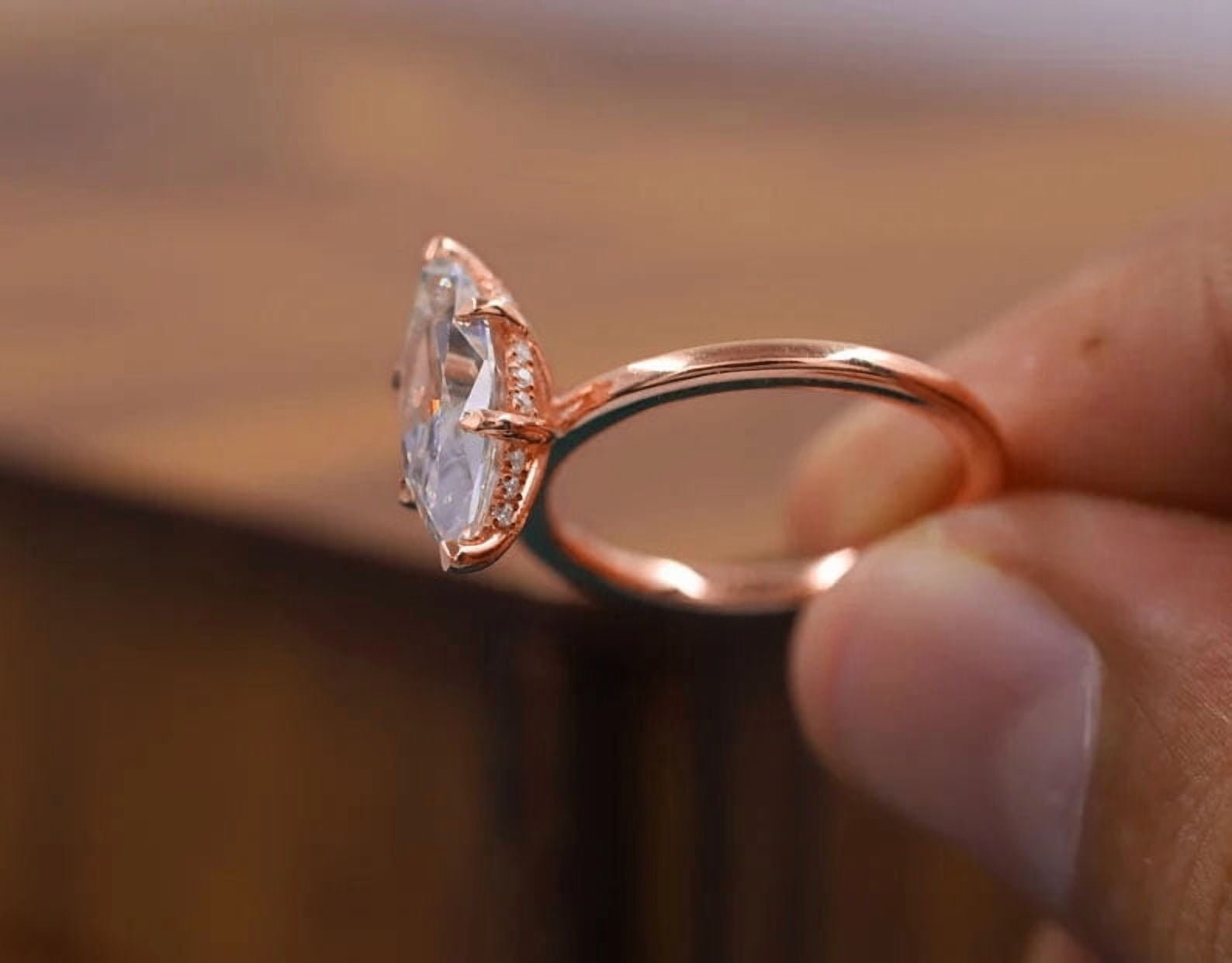 solitaire jewels 2CT Marquise Moissanite Hidden Halo Engagement Ring For Women, 10K Rose Gold