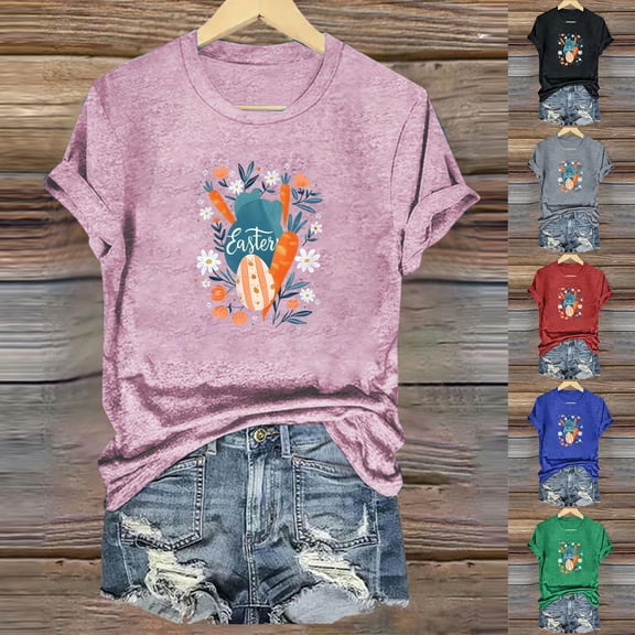 VBTAPA Easter Shirt for Women Bunny Shirts Cute Rabbit Graphic Tee Christian T-Shirt Easter Eggs Graphic Casual Tee Tops Sales of the Day Black L