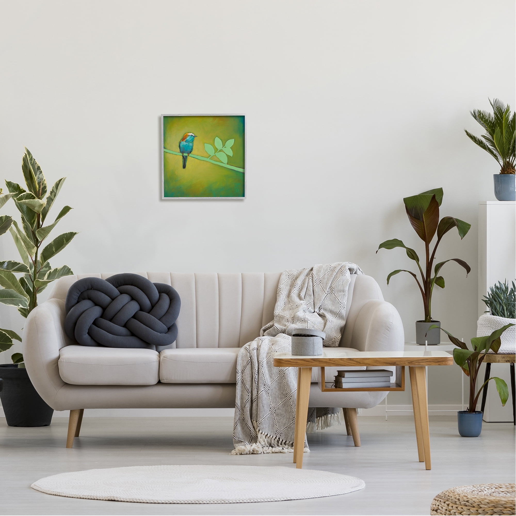 Stupell Industries Bird on Green Branch Animals & Insects Painting Gray Framed Art Print Wall Art, 17 x 17