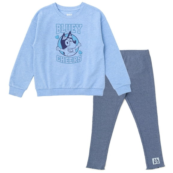 Bluey Fleece Varsity Drop Shoulder Pullover Sweatshirt and Ribbed Leggings Outfit Set Toddler to Big Kid
