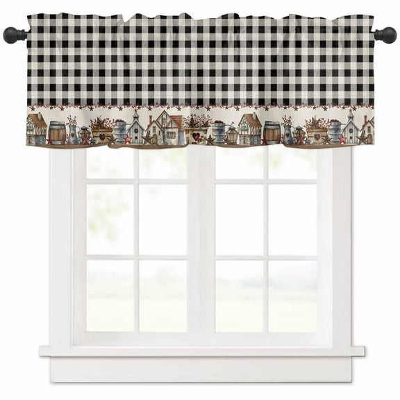 Farmhouse Curtain Valance for Windows/Kitchen/Living Room/Bedroom, American Country Star Barn Black Plaid Berry Rod Pocket Window Treatment Short Drape Topper Small Tier Cafe Curtains Panel 54X18