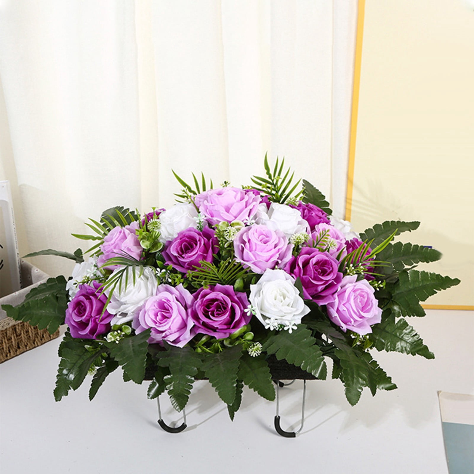 Clearance Artificial Silk Funeral Flowers Grave Tribute Flowers Wreath Memorial, Artificial Flower for Graves, Grave Flower Cemetery Floral Pots, Plastic Faux Plants Bouquets, UV Resistant Fake Plant