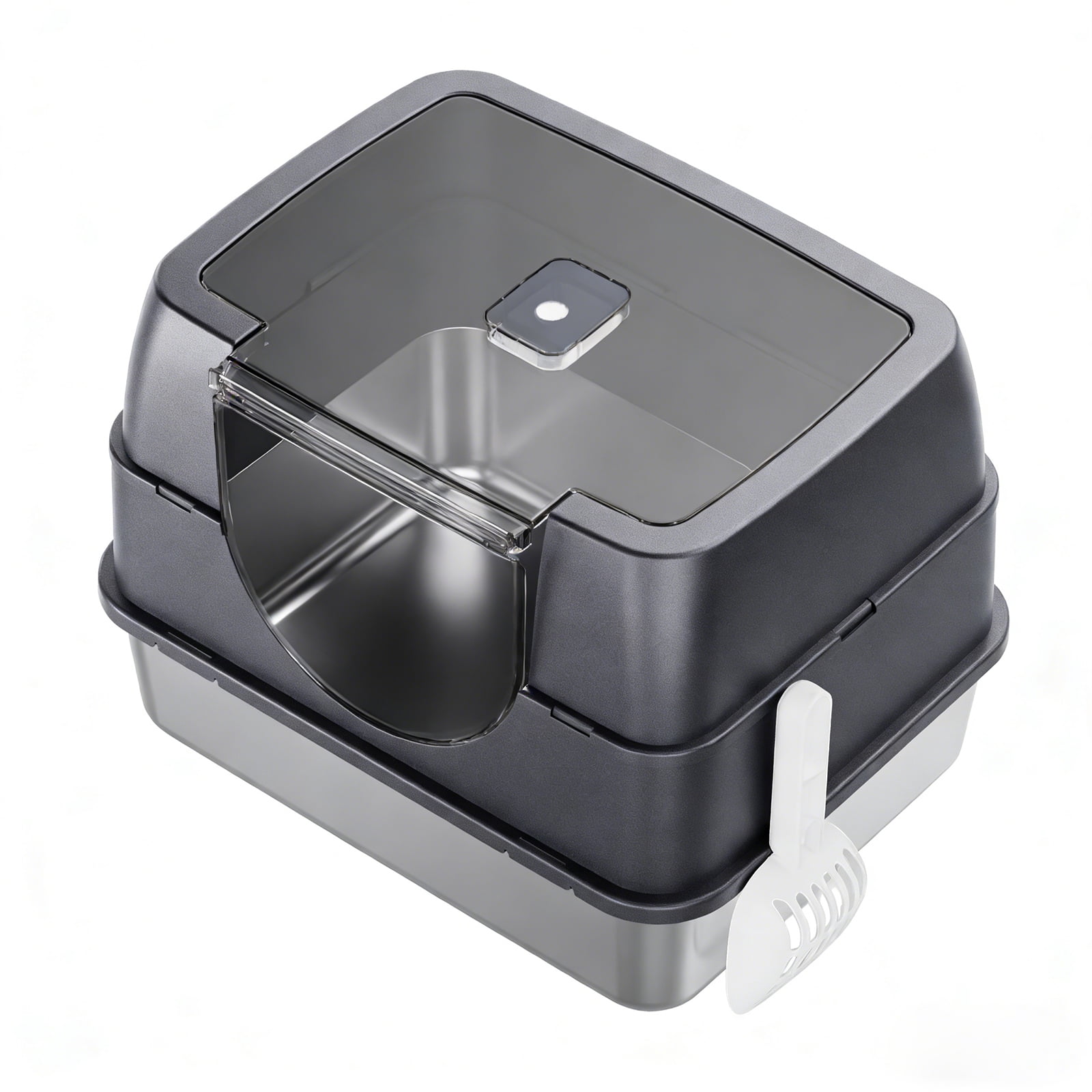 Flip-Top Enclosed Cat Litter Box, Stainless Steel Litter Pan with Plastic Bottom Basin, Activated Carbon Odor Control Splash Proof Dog-Proof Cat Toilet with Litter Scoop and Double-Layer Mat