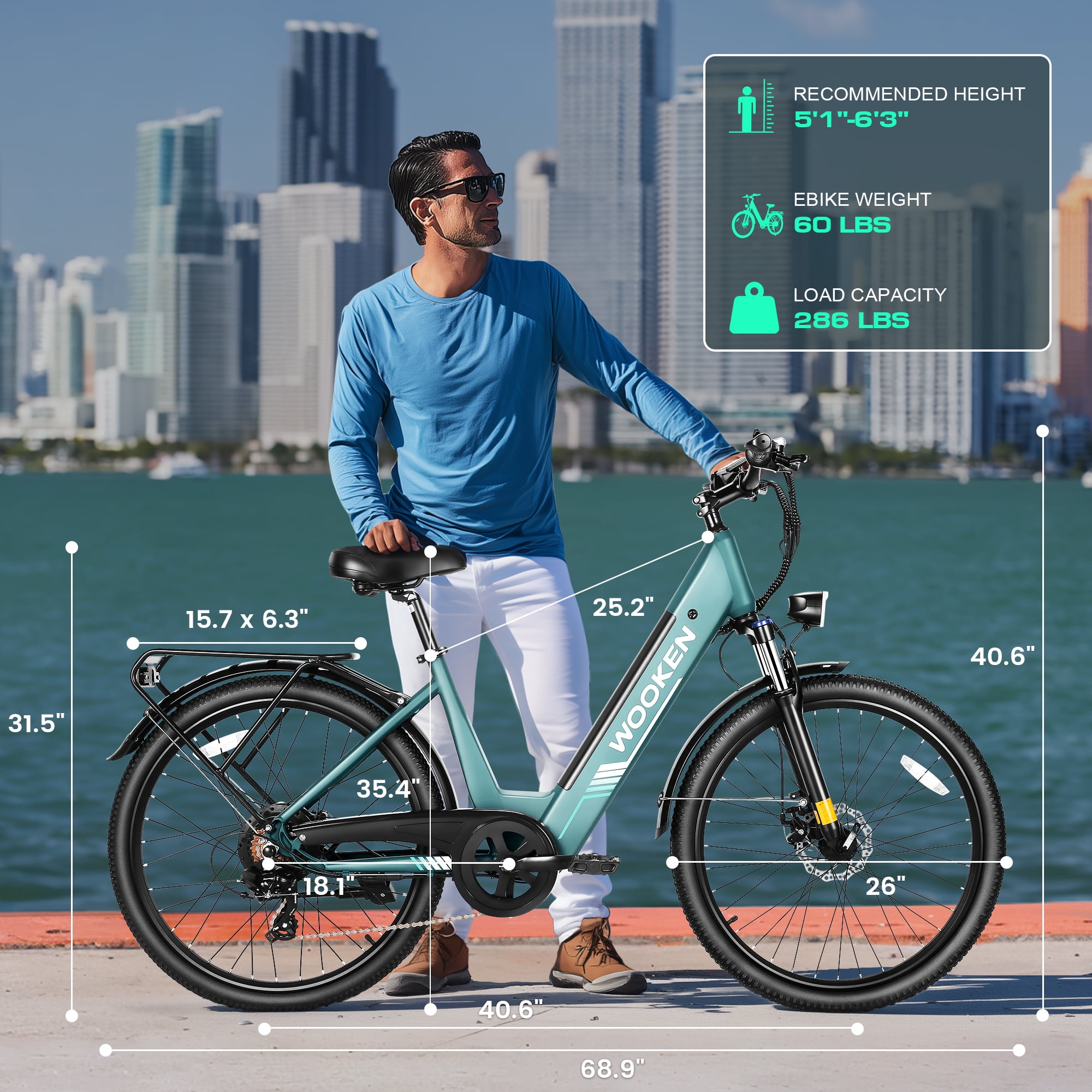 WOOKEN Electric Bike for Adults ,48V 10.4Ah Removable Battery and up to 50Miles 19.8MPH, 26" x 2.1" Electric Commuter Bike with 7-Speed and Front Suspension, UL 2849