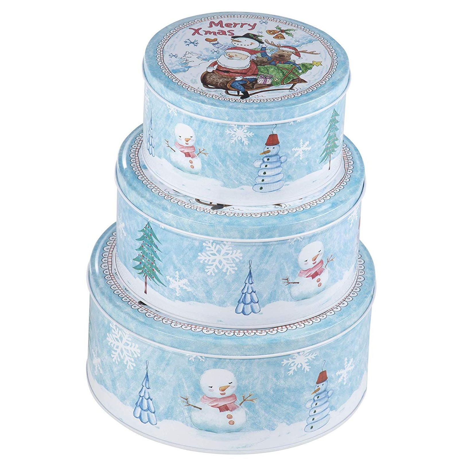 Set of 3 Stackable Round Christmas Cookie Tins 