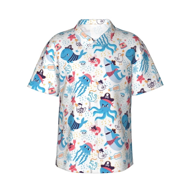 Balery Cute Shark Camisas hawaianas de manga corta para hombre, camisas playeras de corte holgado, camisas de vacaciones con botones,Medium