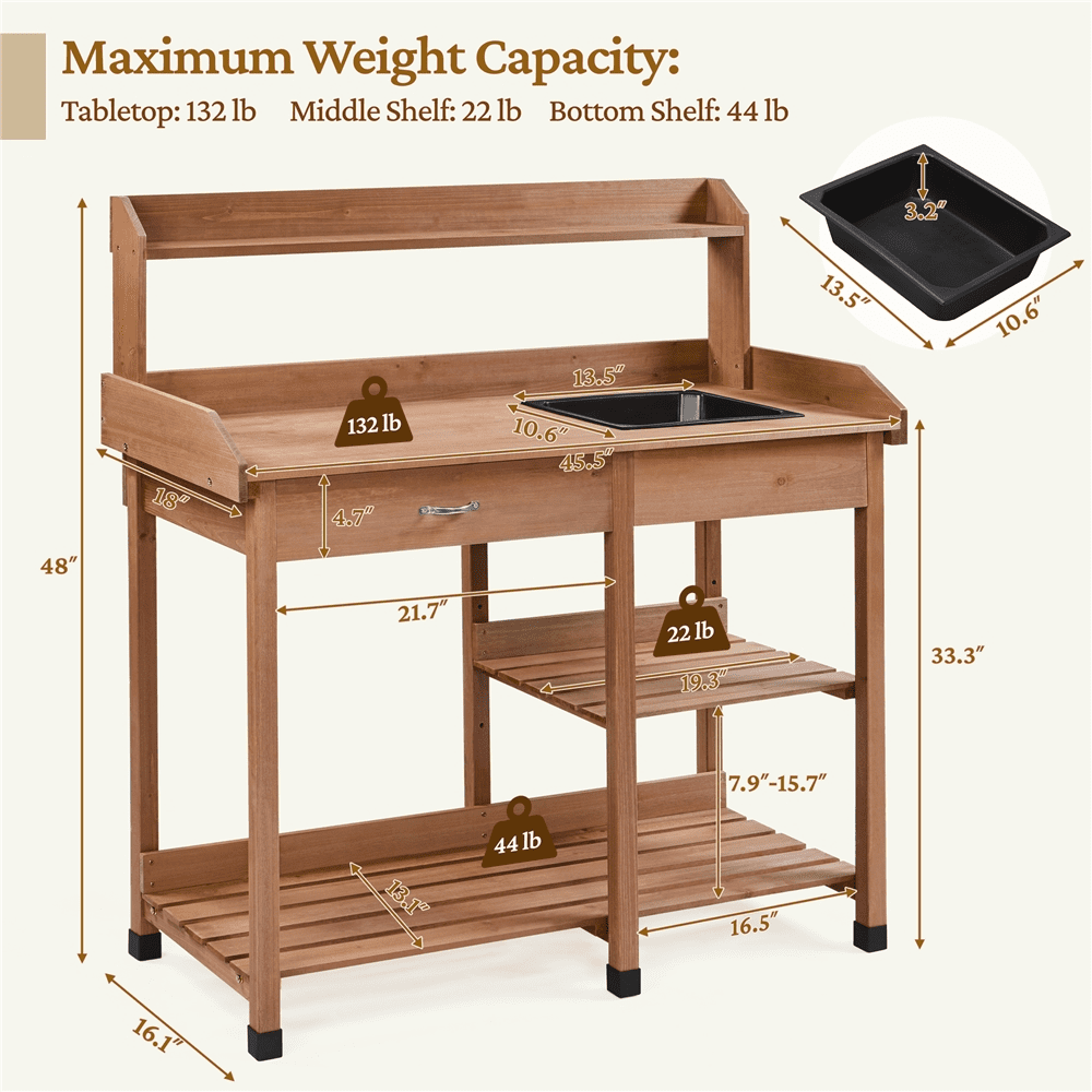 Renwick Garden Potting Bench with Basin & Drawer, Brown