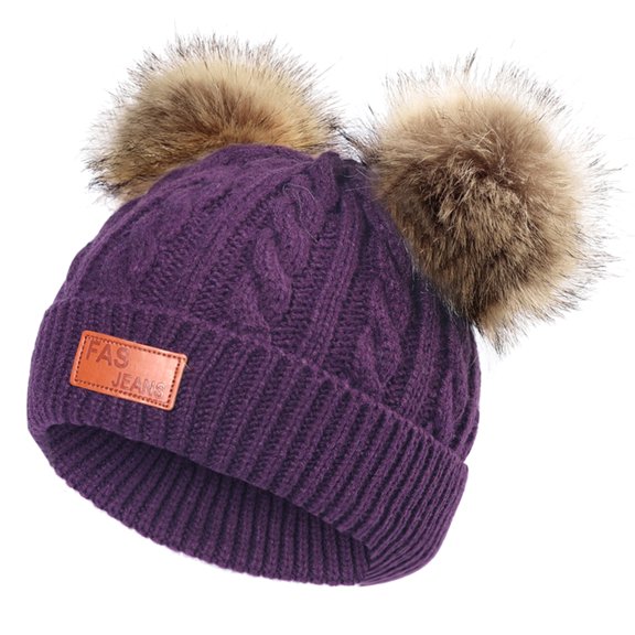 NEW 1-11 Years Old for Girls Boys Kids Winter Beanie Hat Warm Knit Thick Ski Cap with Fluff Ball Children's Double Hair Ball Hat Purple