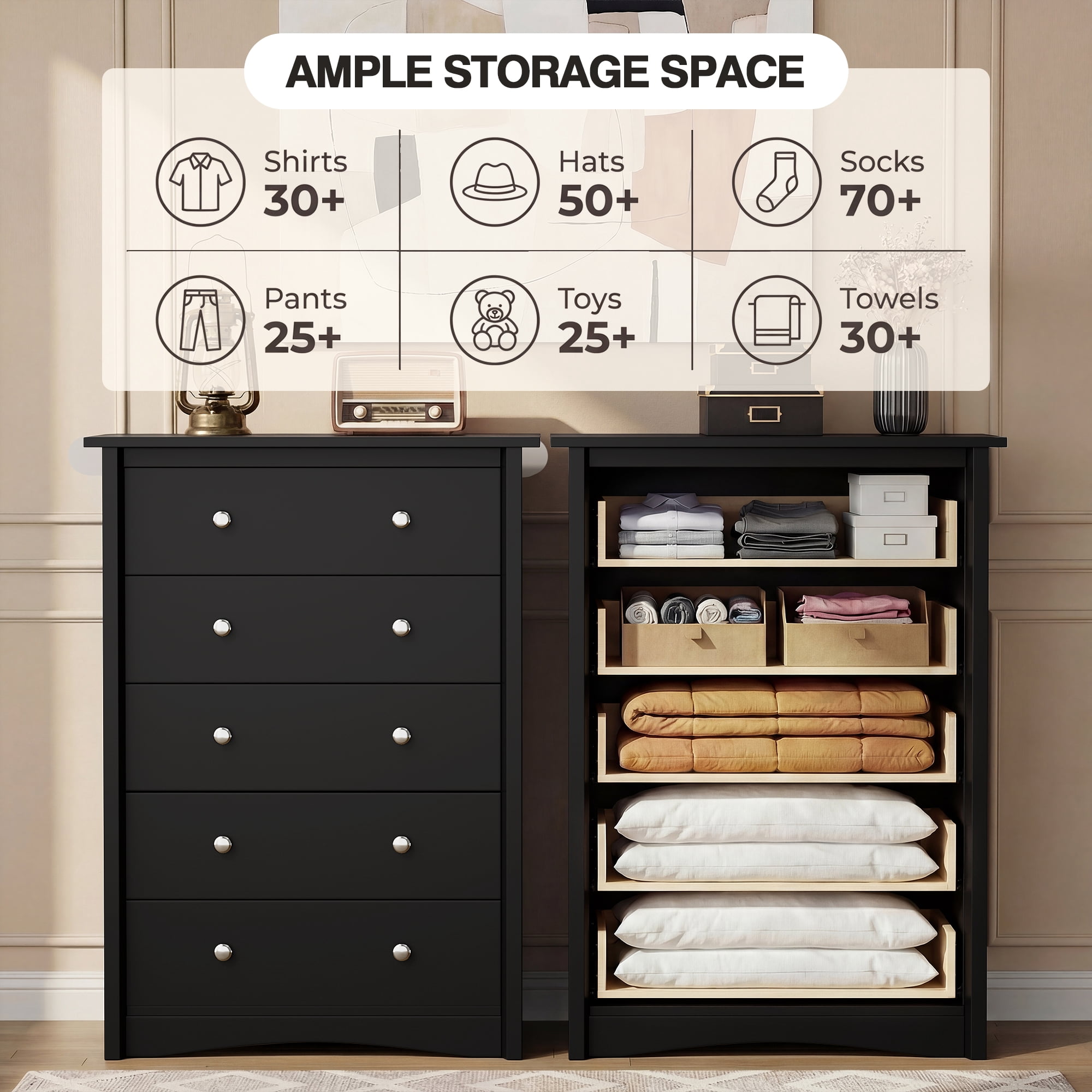 Lacoo 45'' Tall 5 Drawers Wooden Dresser for Bedroom, Modern Storage Chest of Drawers, Black
