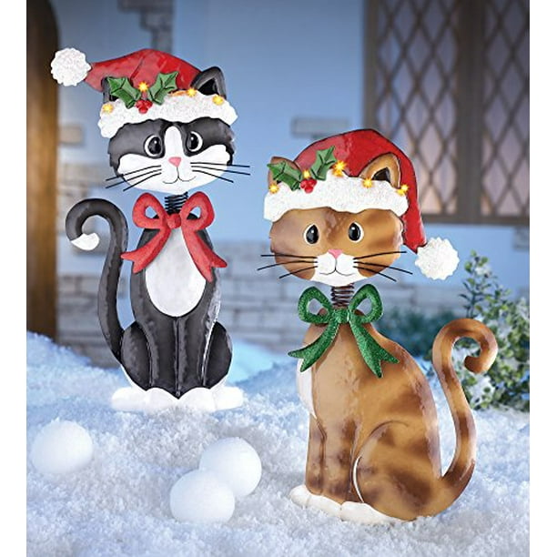 Set of 2 Adorable Metal Christmas Cats Lighted Santa Hat Brown Tuxedo
