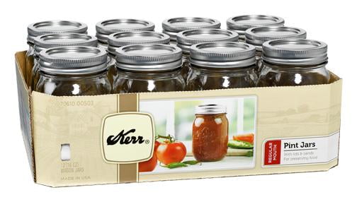 Kerr Canning Jars, Regular Mouth Pint (16 oz.) Mason Jars with Lids and Bands, 12 Count