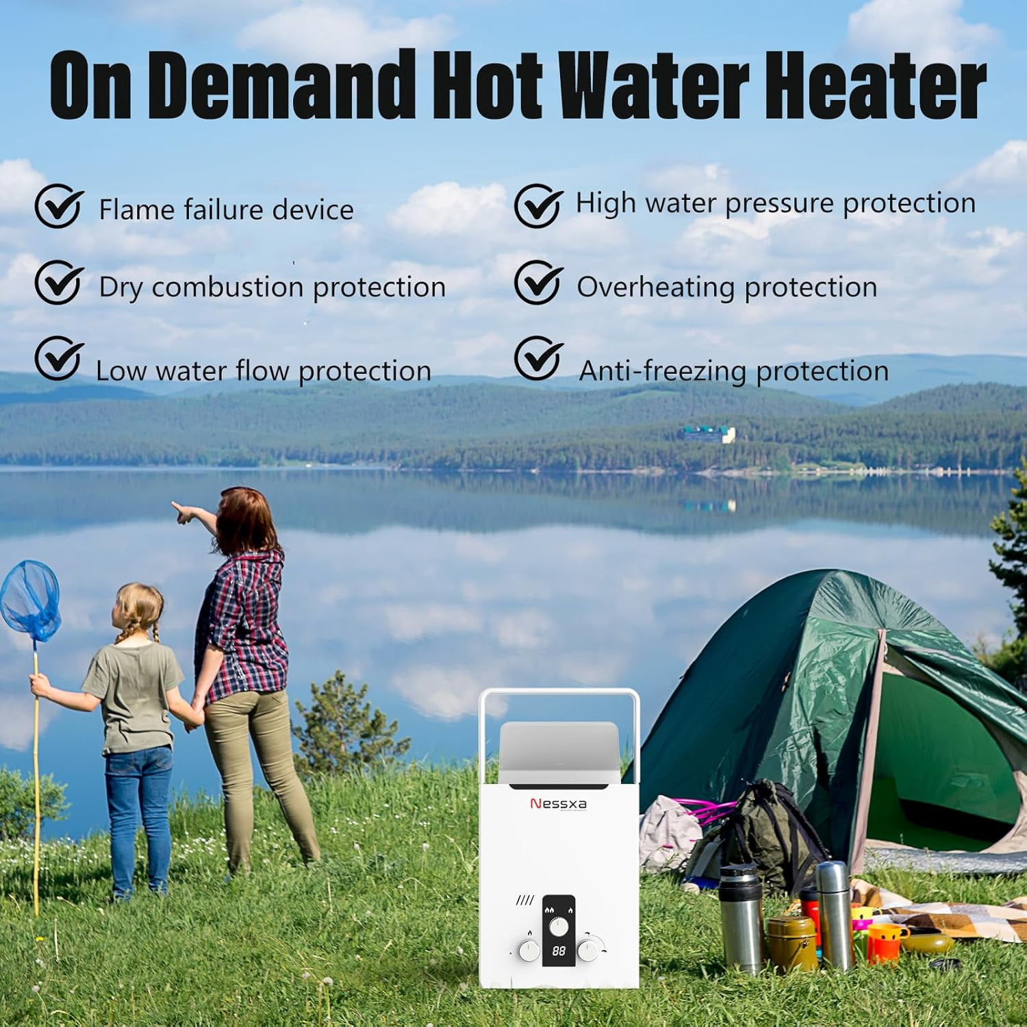 Sedeke Tankless Water Heater Propane with Digital Display, 2.11 GPM 8L RV Portable Instant Hot Gas Water Heater with Overheating Protection for Indoor and Camping,40824 BTU