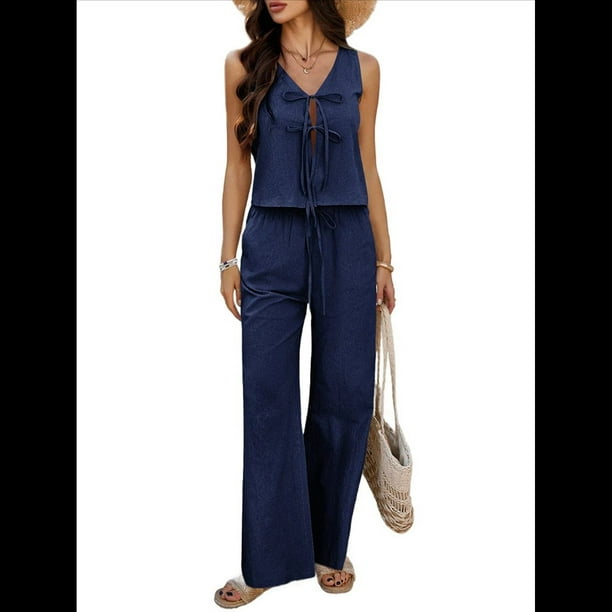 Conjunto de 2 Piezas para Mujer, Chaleco con Cuello en V y Cintura Anudada, Pantalones Casuales de Pierna , Azul Marino, Talla S