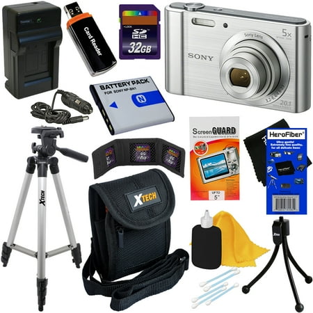 Cyber Shot Advanced Accessory - Sony Cyber-shot DSC-W800 20.1 MP Digital Camera with 5x Zoom & Full HD Video (Silver) + NP-BN1 Battery & AC/DC Charger + 9pc 32GB Dlx Accessory Kit w/HeroFiber Cleaning Cloth