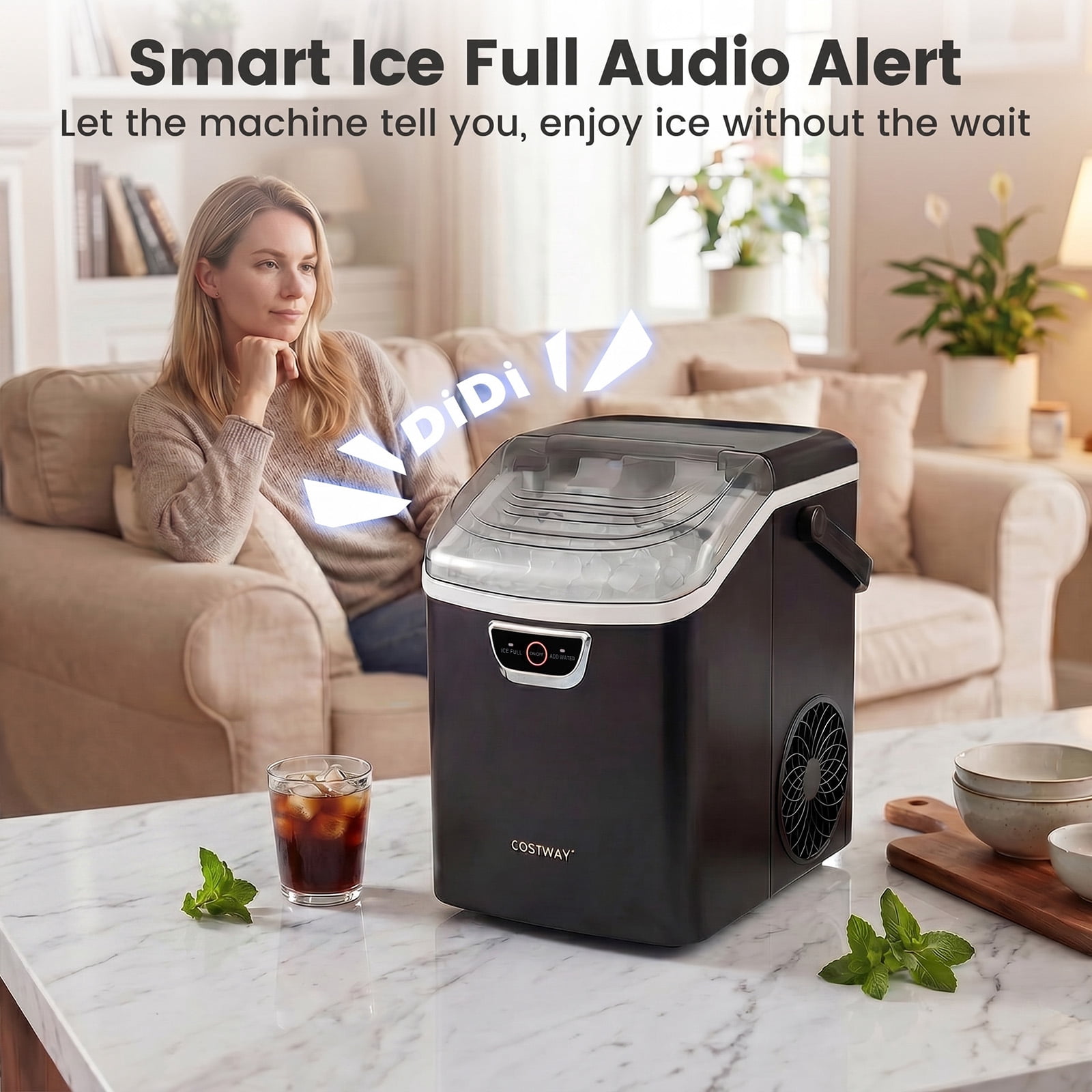 Costway Nugget Ice Maker Countertop with Audible Ice Full Alarm, Ready in 6 Mins for Home Black