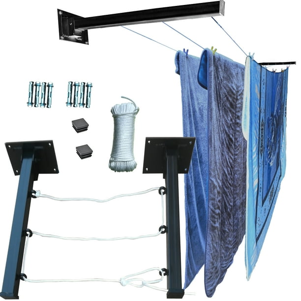 Tendedero Plegable para Ropa y Cobijas Pesadas, Moderno y Elegante de Color Negro, Modelo Plus, (Cordón Poliéster, 3 líneas).