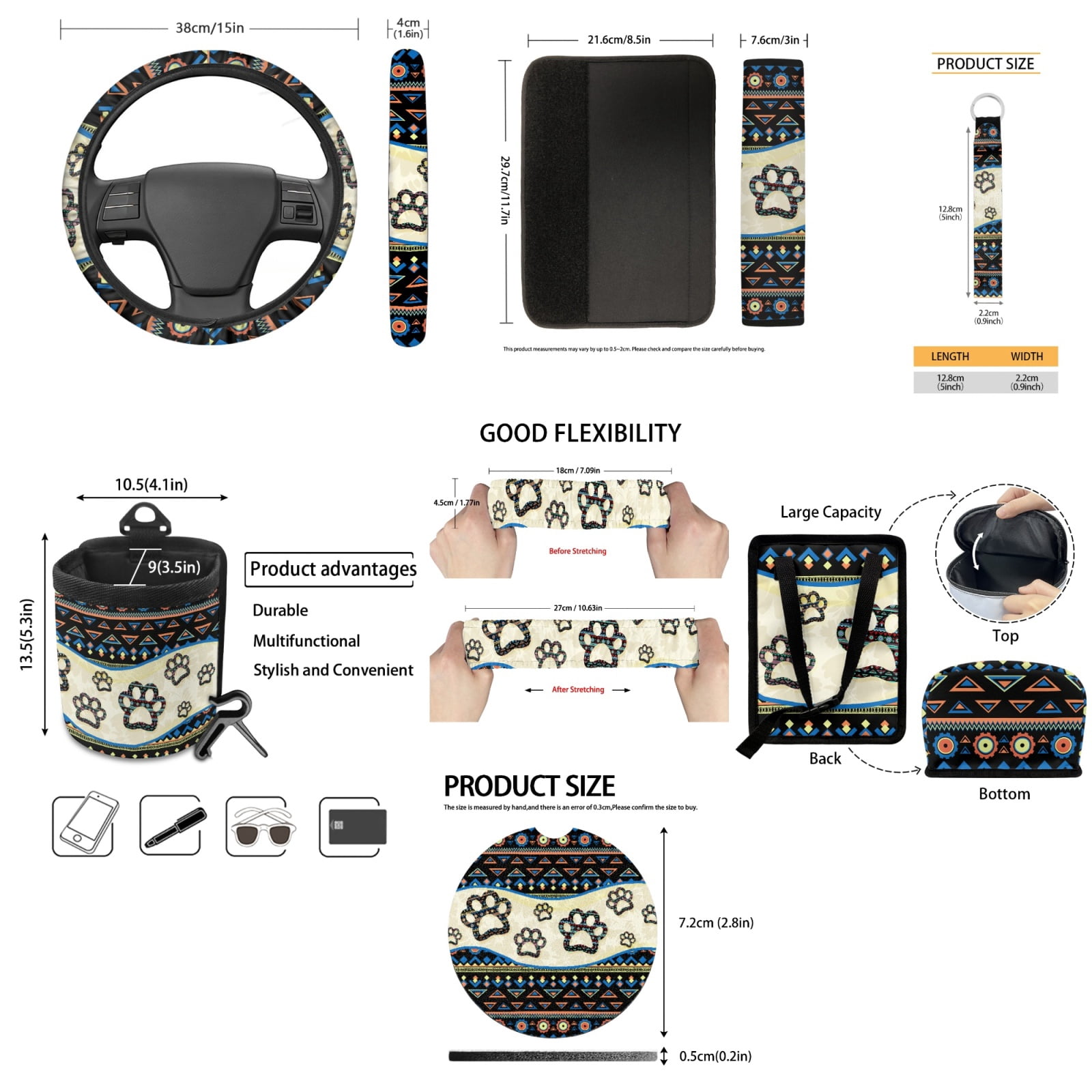 Yuyamidu 15 Piece Dog Paw Car Seat Covers Full Set Western Aztec Steering Wheel Cover Safe Belt Pads Trash Bin Rearview Mirror Cover Coasters Keychain Car Vent Organizer Car Decoration, 15 PCS