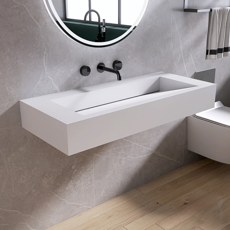MEDUNJESS 42" Vessel Sink Wall-Mount Bathroom Sink V-Shaped Floating Sink Stone Resin in Matte White