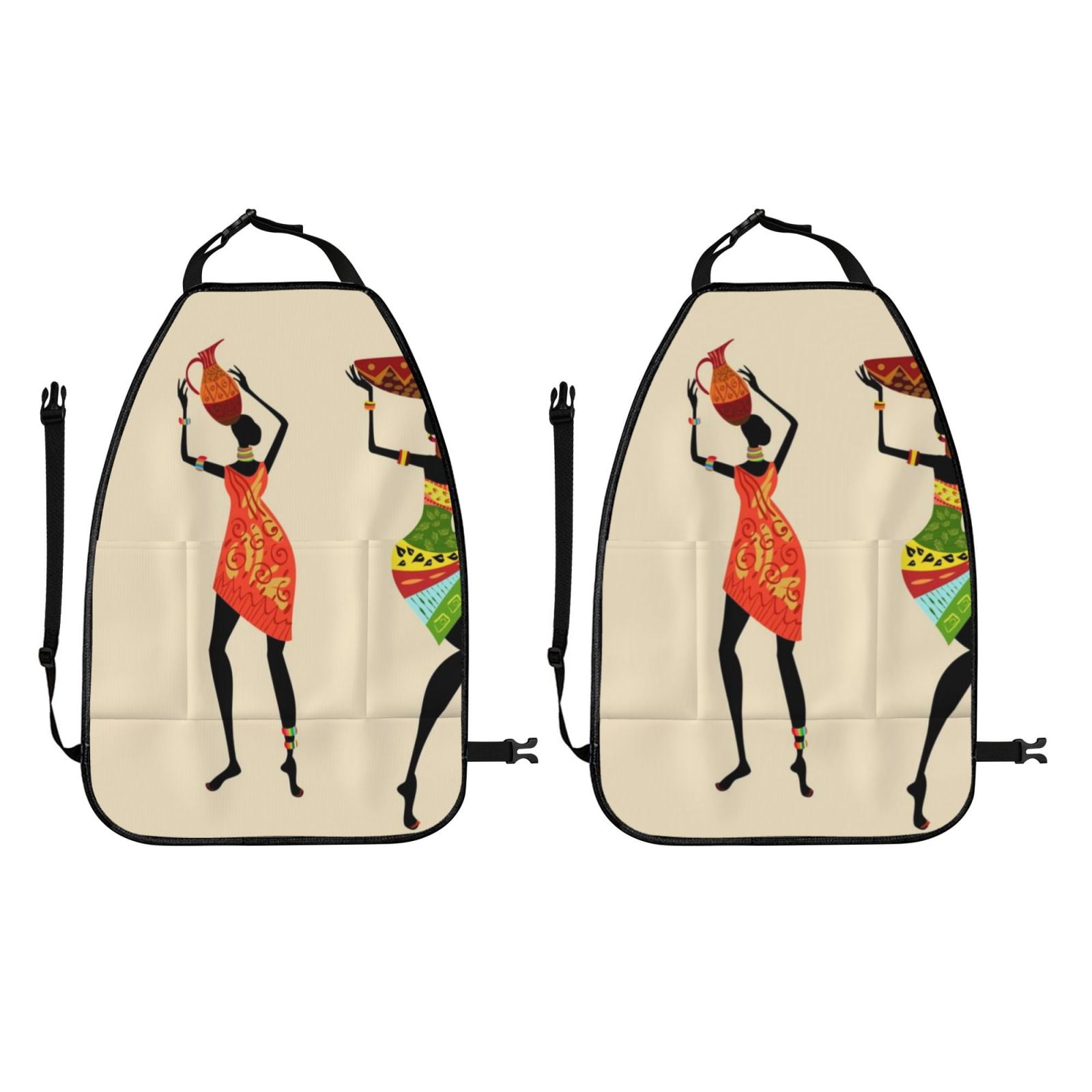 Kdxio African Women Print 2 Pack Car Kick Mat Seat Cover Back Protector Mat with Pockets for Organizer Backseat Protector and Storage Anti Kick Pad for Vehicles