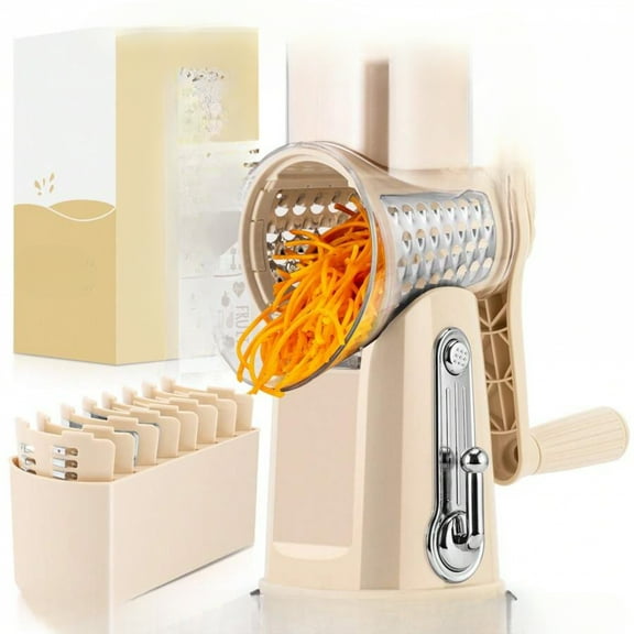 Rotary Cheese Grater with Handle, 5 Well-Designed Blades Food Shredder, Strong Suction Base Round Mandoline Slicer, Kitchen Vegetable Grater with Bonus Blade Storage Box