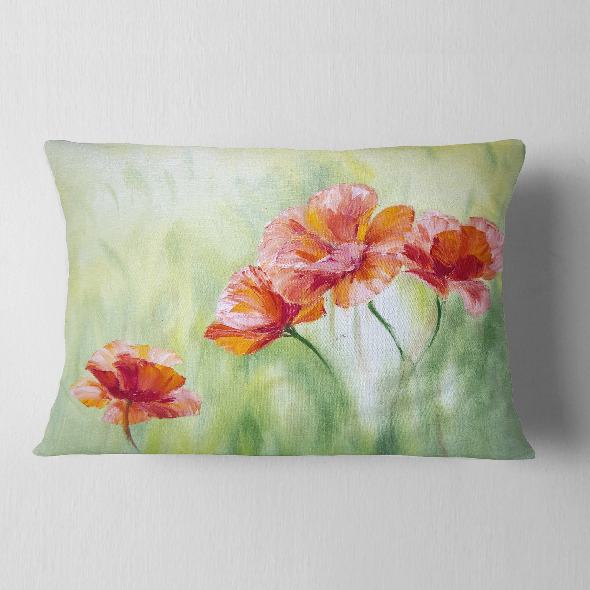 Designart Poppies in Light Green - Floral Throw Pillow - 12x20