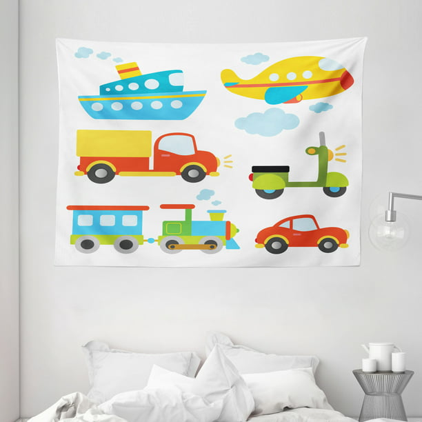 Boy S Tapestry Abstract Transportation Types For Toddlers Car Ship Truck Scooter Train Aeroplane Wall Hanging Bedroom Living Room Dorm Decor 80w X 60l Inches Multicolor By Ambesonne Com - Train Wall Art For Toddlers