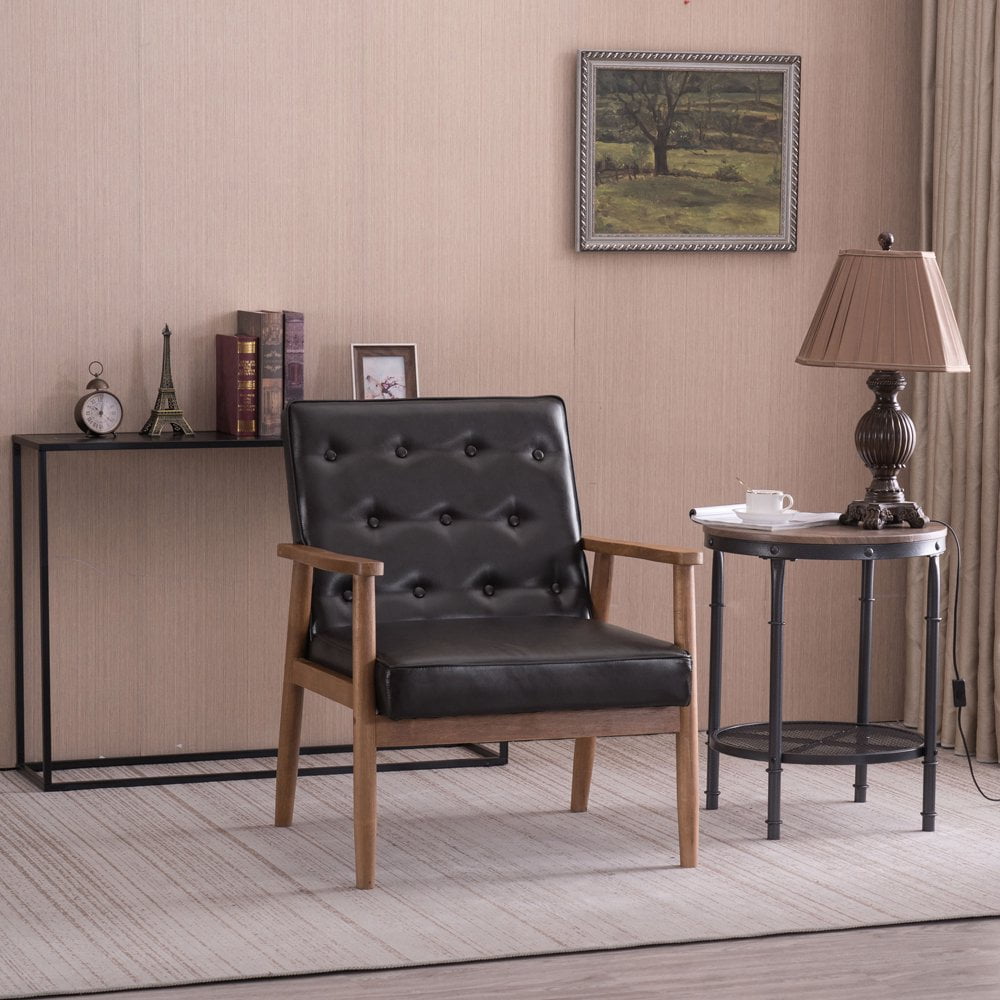 Hassch Retro Leather Single Chair Lounge Chair with Wood Frame, Brown