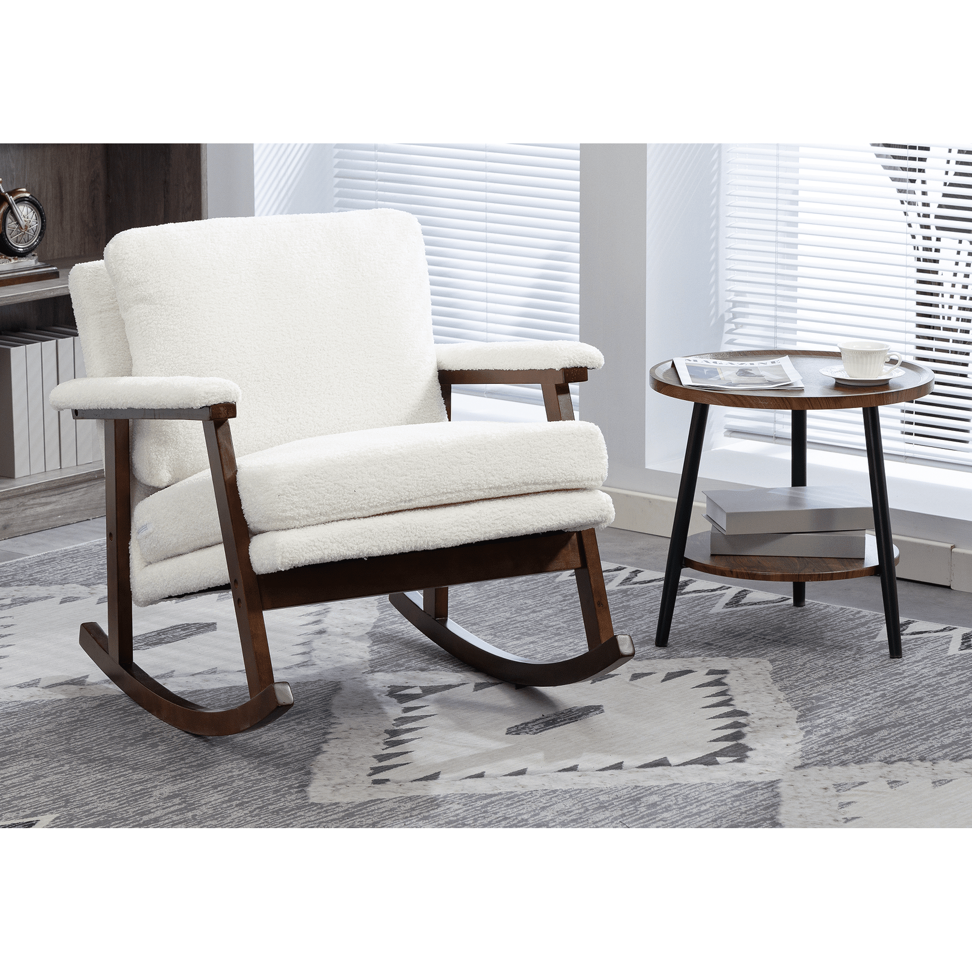 Mid Century Modern Upholstered Rocking Chair, Teddy Fabric Accent Glider Chair with Wood Frame for Bedroom and Living Room – Antique White