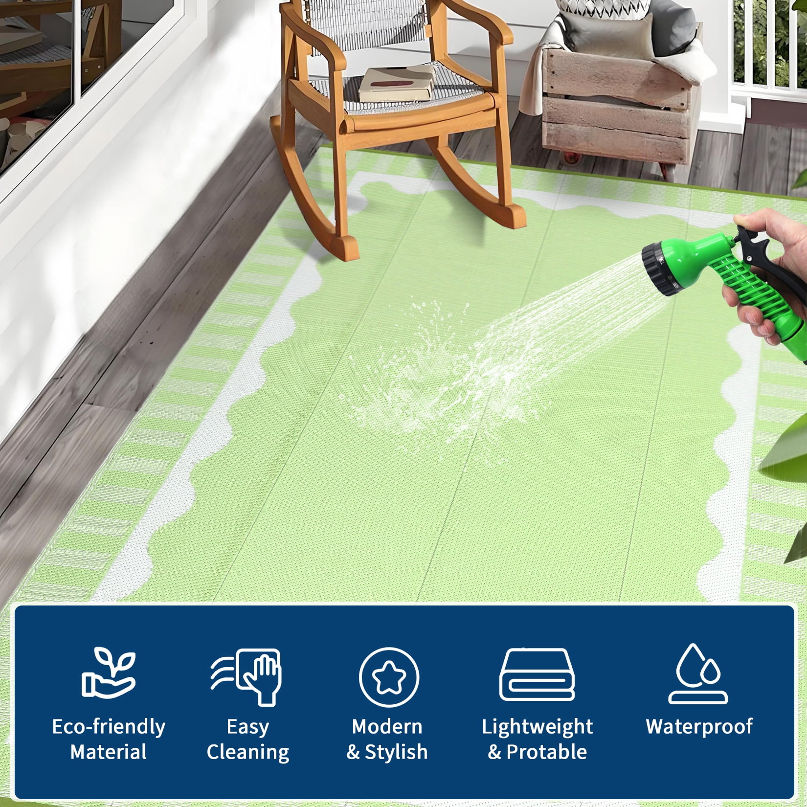 Garvee 9x12ft Outdoor Rug Modern Simple Reversible Area Rug, Plastic Straw Rug Waterproof Outdoor Carpet with Bordered Design for Patio Backyard Camping Beach RV Porch, Light Green