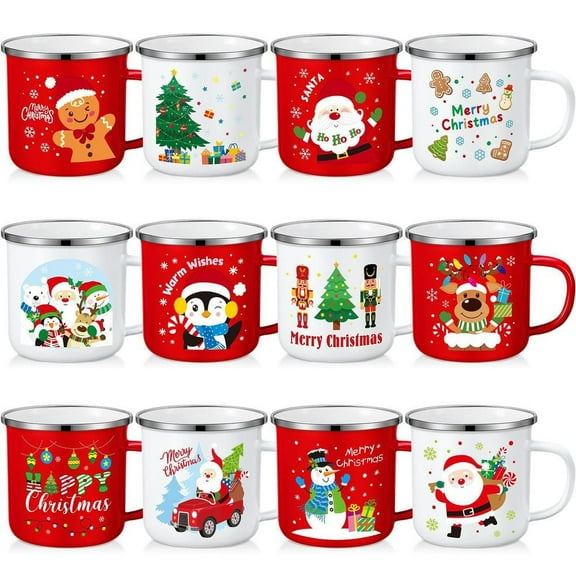 11 oz Christmas Themed Ceramic Mug (Set of 12), Multi- Colored, Reusable Drinkware with Holiday Patterns, Festive Gifts