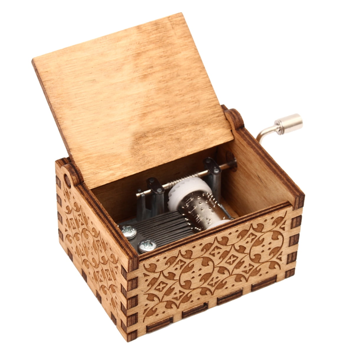 Retro Hand Crank Collectible Music Box Engraved Wooden Theme Toys