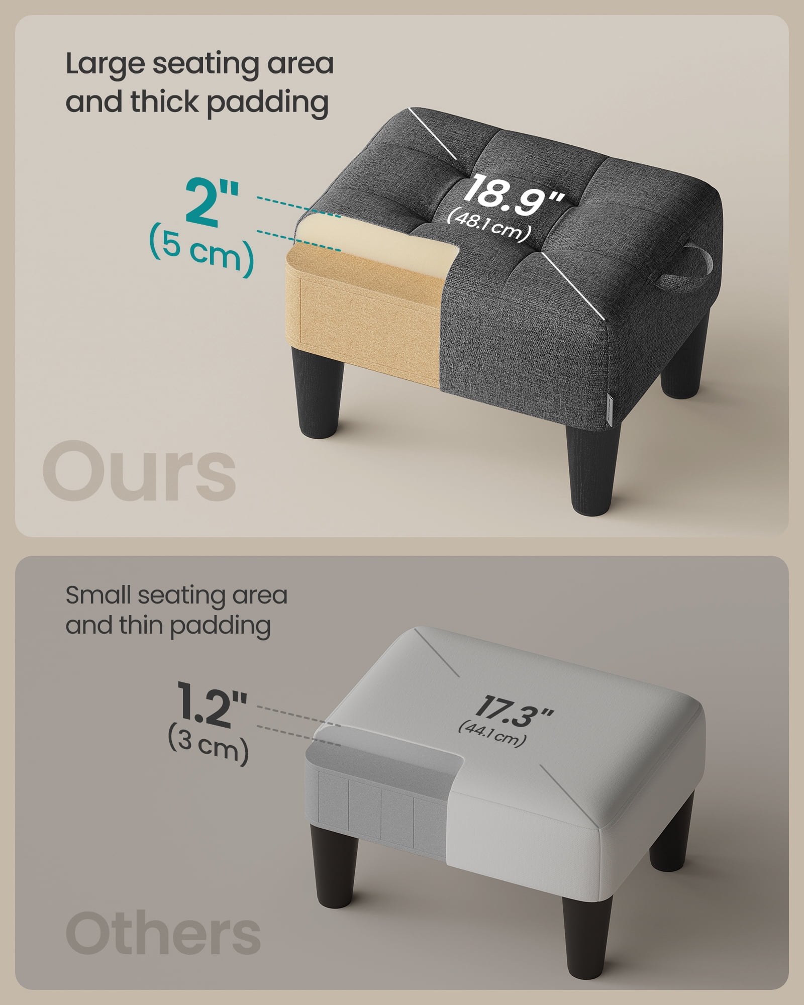 Foot Stool Ottoman with Legs - Linen-Look Fabric Seat, 330 lb Capacity, Hidden Storage, for Living Room/Bedroom, Dark Gray