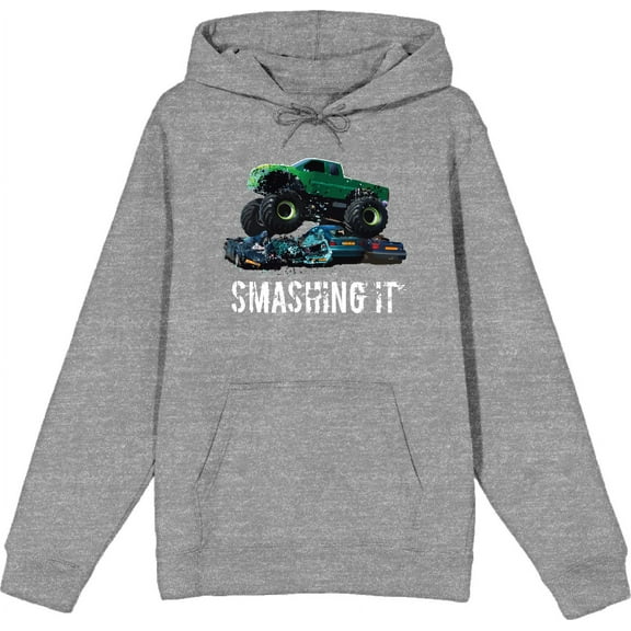 Monster Trucks Smashing It Adult Heather Gray Long Sleeve Hoodie-Medium