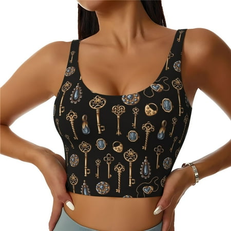 Qokaie Jewelry And Keys Pattern Womens Scoop Neck Sports Bra Breathable Workout Vest Padded U Back Medium Impact Fitness Gym Yoga Bra Workout Crop Top-