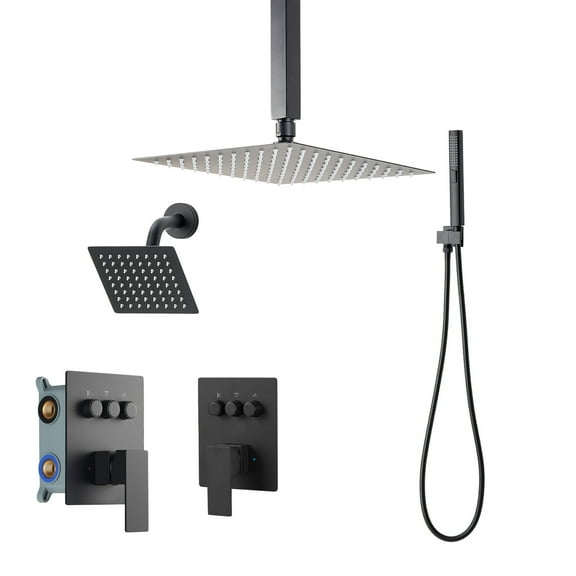 KFFKFF Shower Faucet Set with 10-Inch Ceiling Rainfall Shower, 6-Inch Wall-Mounted Head, and 2-in-1 Handheld Spray, Rotatable 3-Function Dual Rain Head with Brass Valve and Trim Kit, Matte Black