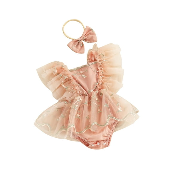 Infant Baby Girls Romper Dress Fly Sleeve Square-Neck Floral Embroidery Tulle Jumpsuit with Bow Headband