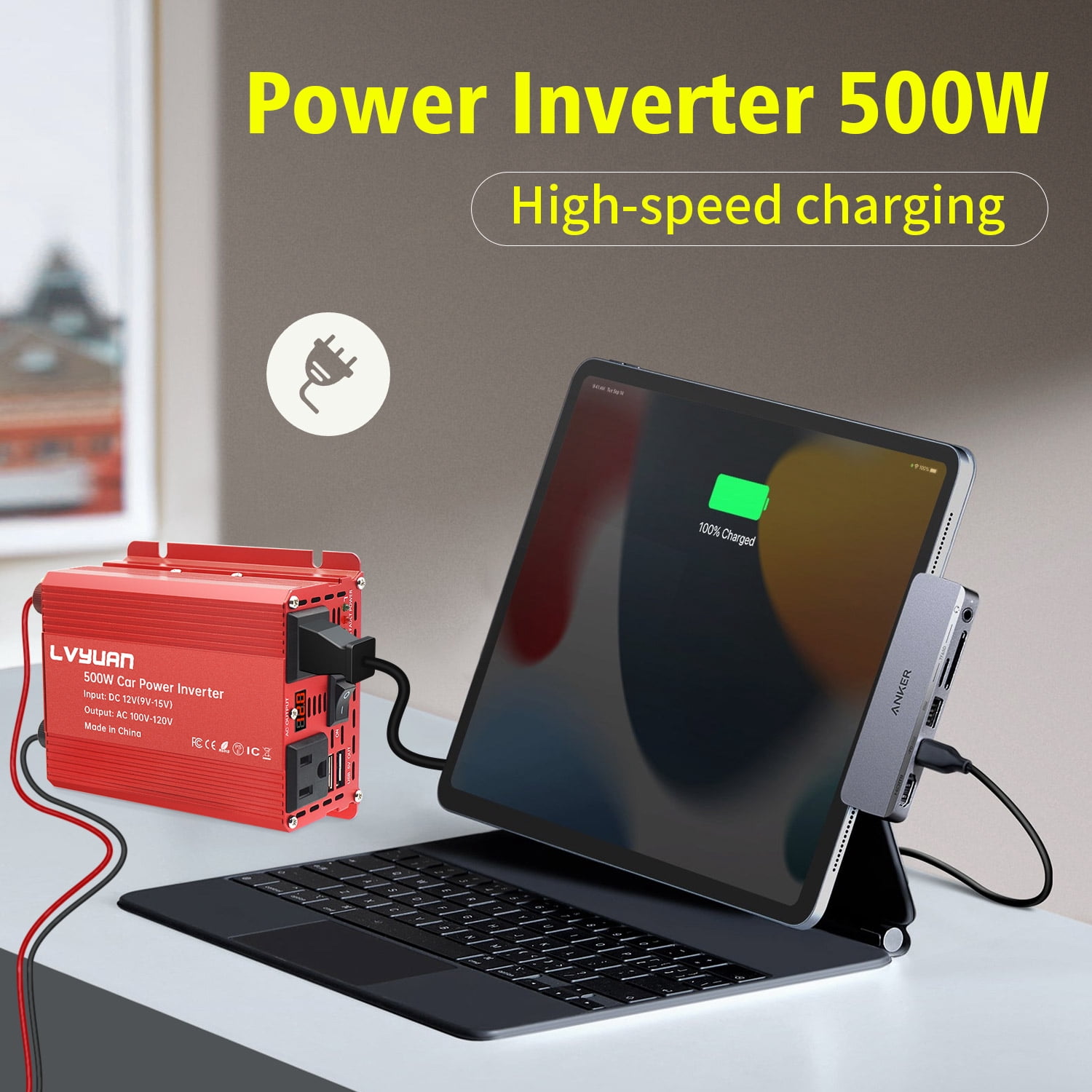 LVYUAN 500 Watts Power Inverter Converter Adapter Battery Charger DC to AC 12V to 110V 2AC 2USB LED Display for Car Red