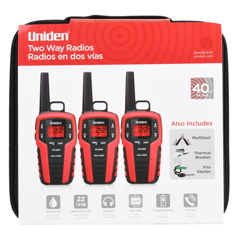Uniden 40 Mile 22 Channel TwoWay Radios, Black & Red (3 Pack) SX409