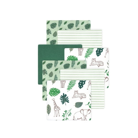 Little Treasure Hudson Baby Cotton Poly Flannel Receiving Blankets Multipack, Green Jungle, 30x30 inches