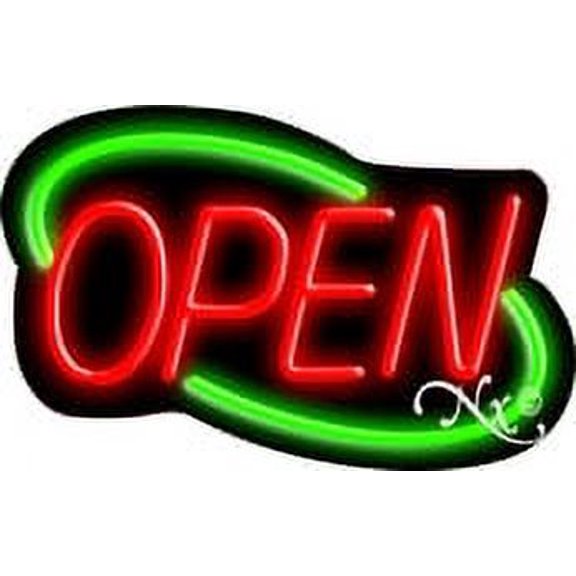 Deco Style Red Open With Green Border LED Neon Sign 14" Tall x 22" Wide, Black Square Cut Acrylic Backing, with Dimmer - Bright and Premium built indoor LED Neon Sign for storefront.