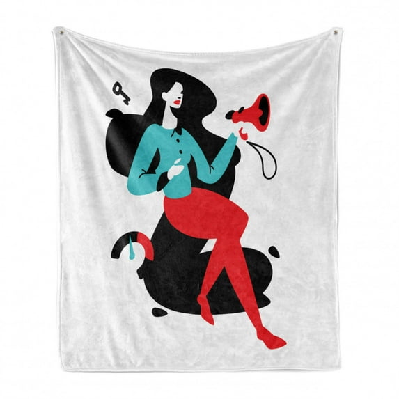 Hipster Soft Flannel Fleece Throw Blanket, Woman and Megaphone PR Specialist Businesswoman Specialist Feminism, Cozy Plush for Indoor and Outdoor Use, 50" x 60", Charcoal Grey Red Blue, by Ambesonne