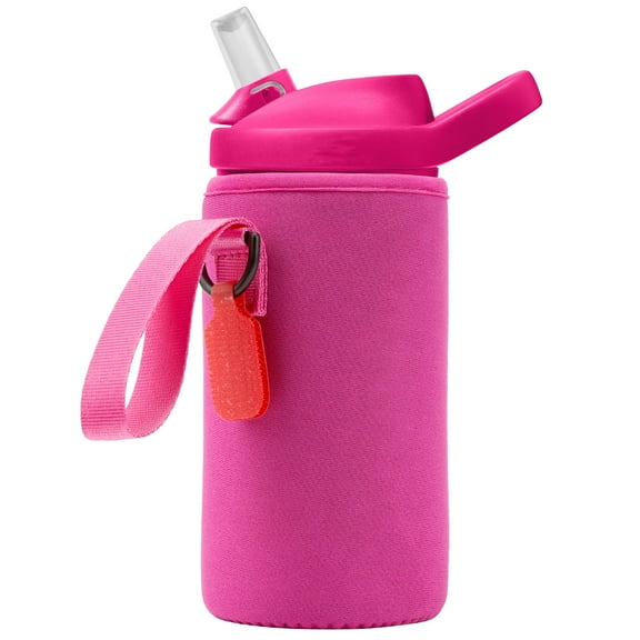 Linkidea Water Bottle Sleeve Compatible with CamelBak Eddy  Tritan 14oz, Steel 12oz Kids Bottle, Waterbottle Holder Bag with Name Tag, Rose Red